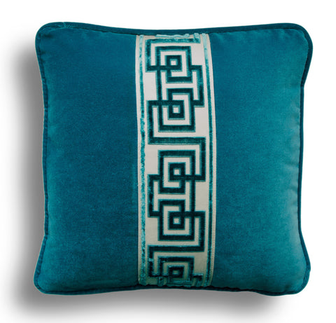 Teal Velvet Pillow Cover Embellished With Greek Key Samuel and Sons Ribbon