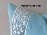 Spa Blue Linen Pillow Cover with Raised Velvet Tape Trim