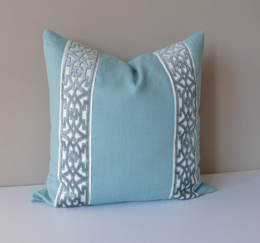 Spa Blue Linen Pillow Cover with Raised Velvet Tape Trim