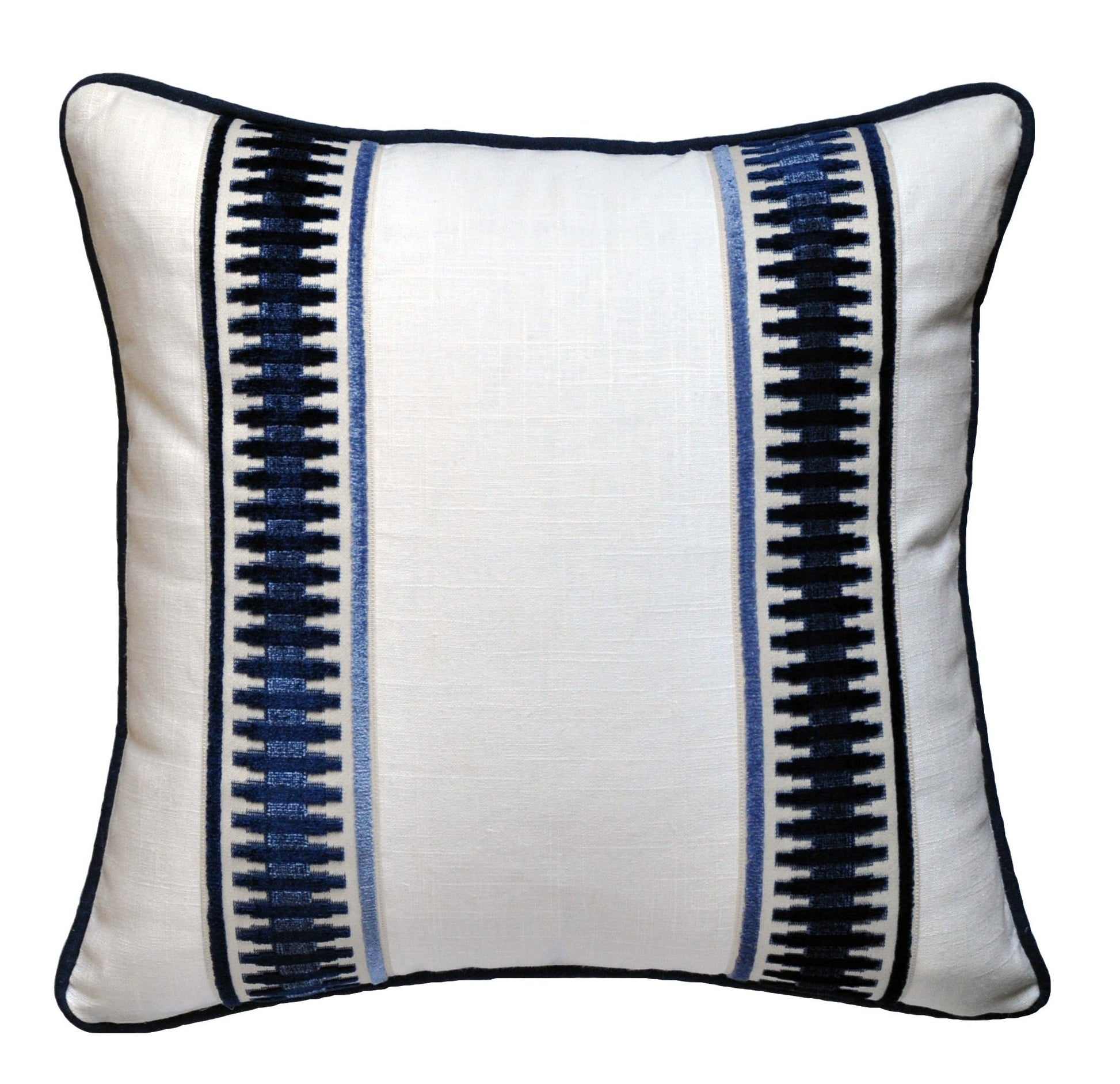 Raised Velvet Trim, White pillows, Bed pillows, bed decorative pillows, pillows with tape trim, pillows with trim, white linen pillow covers, white linen shams, euro pillow cover, euro pillow shams, white and navy pillows, white pillows, navy pillows