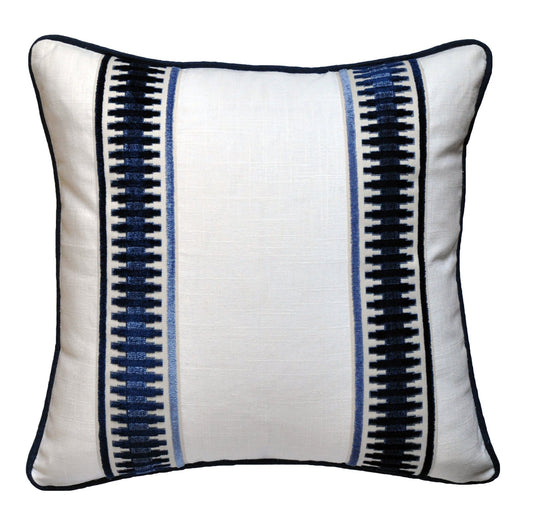 Raised Velvet Trim, White pillows, Bed pillows, bed decorative pillows, pillows with tape trim, pillows with trim, white linen pillow covers, white linen shams, euro pillow cover, euro pillow shams, white and navy pillows, white pillows, navy pillows