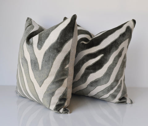 Set of Two Etosha Velvet Zebra Pillow Covers in Gray