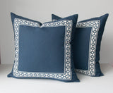 Navy Linen Pillow Cover with Navy Geometric Trim