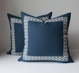 Navy Linen Pillow Cover with Navy Geometric Trim