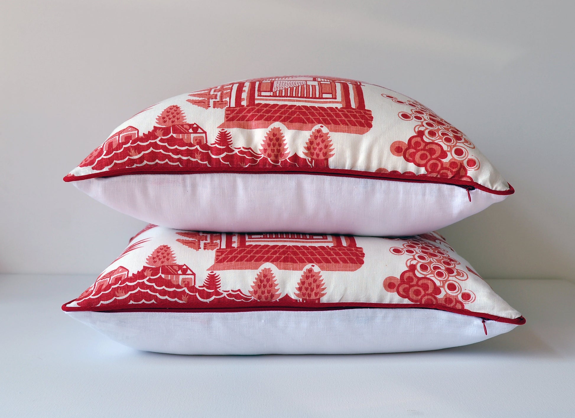 SET of TWO- Linen Throw Pillow Covers- Coral and White Pillow Covers - Schumacher Fabric- Coral Pillow Cover - Chinoiserie Decor - Navy Blue