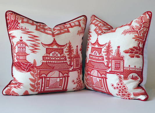 SET of TWO- Linen Throw Pillow Covers- Coral and White Pillow Covers - Schumacher Fabric- Coral Pillow Cover - Chinoiserie Decor - Navy Blue